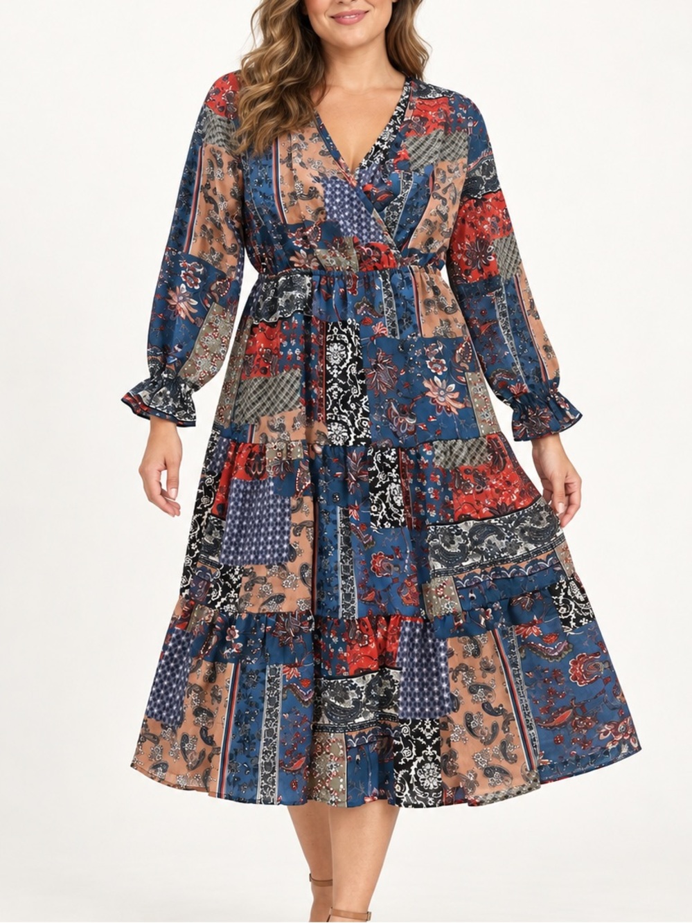Patchwork Floral Tiered Cottagecore Midi Dress - Blue Multi